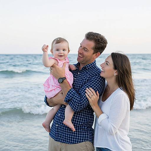 Photograph of a smiling family at the beach: father in blue checkered shirt holding laughing baby in pink dress, mother in white shirt, ocean waves