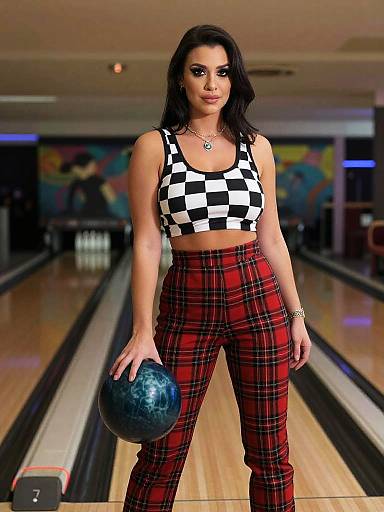 Photograph of a confident woman with black wavy hair, wearing a black-and-white checkered crop top and red plaid pants, holding a bowling