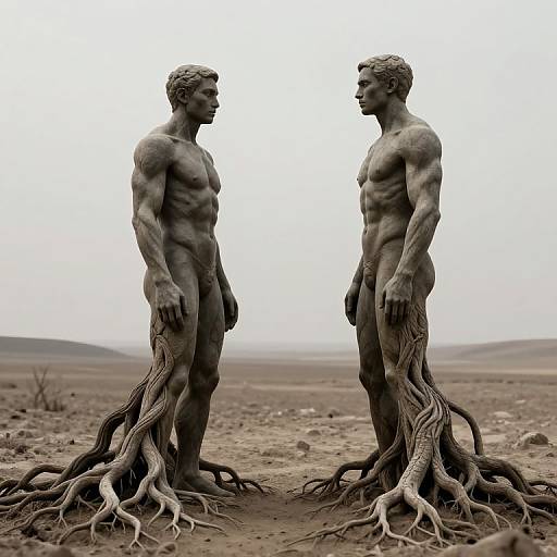 Photograph of two nude, muscular, stone-like statues with tree roots instead of legs, standing facing each other in a barren, desert landscape.