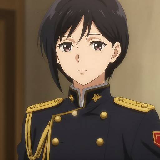 Anime-style digital illustration of a serious, short-haired young woman in a black military uniform with gold buttons and epaulettes.