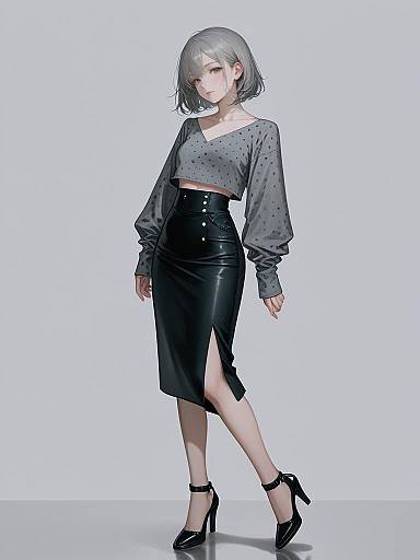 Digital anime-style drawing of a slender, silver-haired woman in a grey polka-dot blouse, black leather skirt, and high heels.