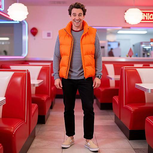 Man in Vintage Diner with Neon Glow