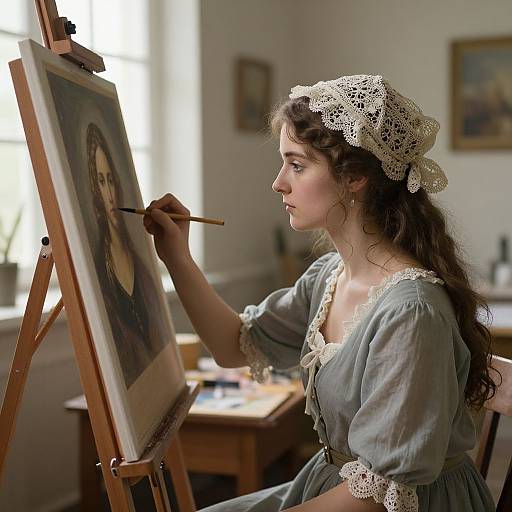 Photograph of a young woman with curly brown hair, wearing a lace headpiece and blue dress, painting a portrait on an easel in a sun