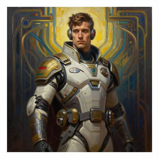 Digital painting of a serious, brown-haired man in futuristic white and gold armored suit with glowing yellow halo behind him.