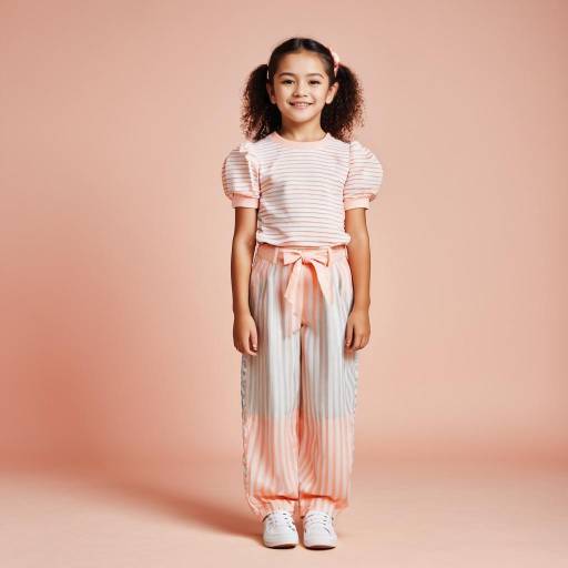 Smiling young girl in pastel outfit standing on peach background