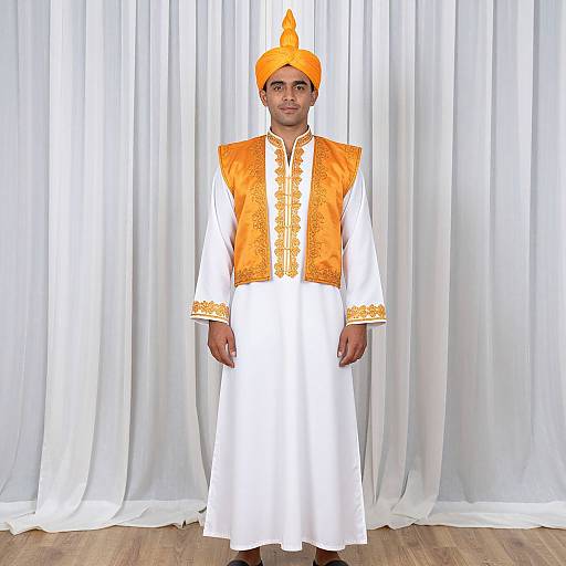 Photograph of a man wearing an orange turban, white kurta with orange embroidered yoke, and white dhoti, standing against white curtains