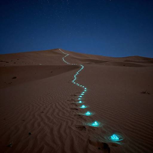 Photograph of a glowing, blue-lit trail winding through dark, starry desert sand dunes under a clear, deep blue night sky.