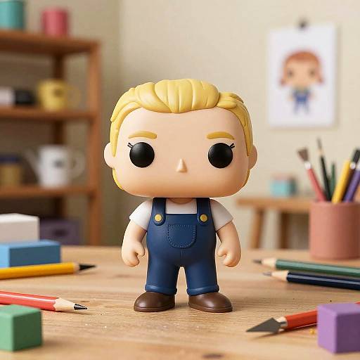 Photograph of a chibi-style doll with blonde hair, blue overalls, white shirt, and black eyes, standing on a wooden desk with art
