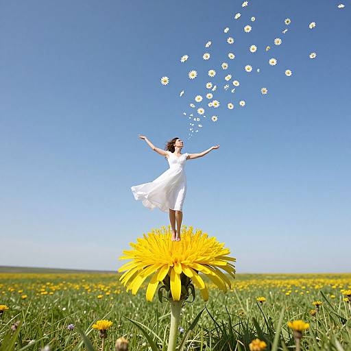 Photograph of a woman in a white dress standing on a yellow dandelion, arms outstretched, with white flowers floating above, against a