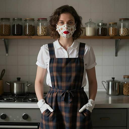 Chic Kitchen Scene with Floral Masked Woman