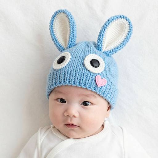Photograph of a baby with light skin, wearing a blue knit hat with bunny ears and large black and white eyes, and a small pink heart,