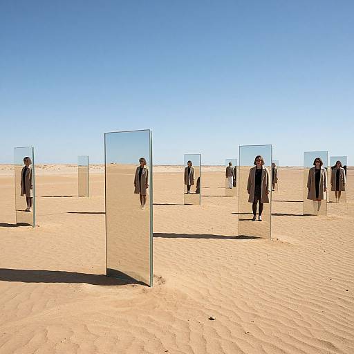 Photograph of people in business suits walking through a desert, each reflected in clear glass panels scattered across the sandy landscape under a bright blue sky.