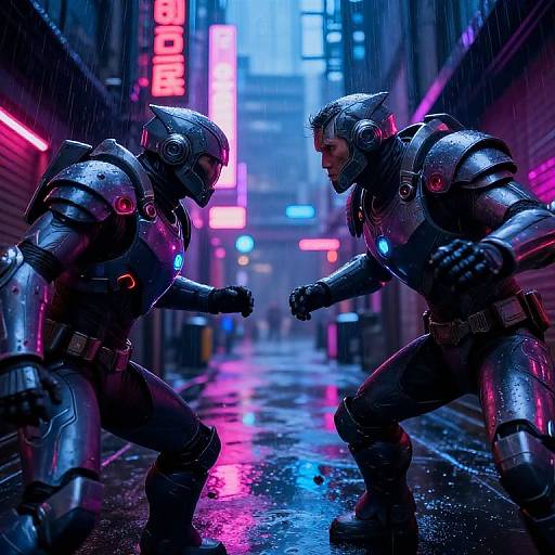 CGI image of two futuristic armored warriors facing off in a neon-lit, rainy urban alley with vibrant blue and pink lights.