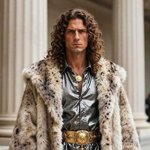 Photograph of a serious, long-haired man in a shiny black shirt, gold belt, and luxurious fur coat, standing before classical columns.