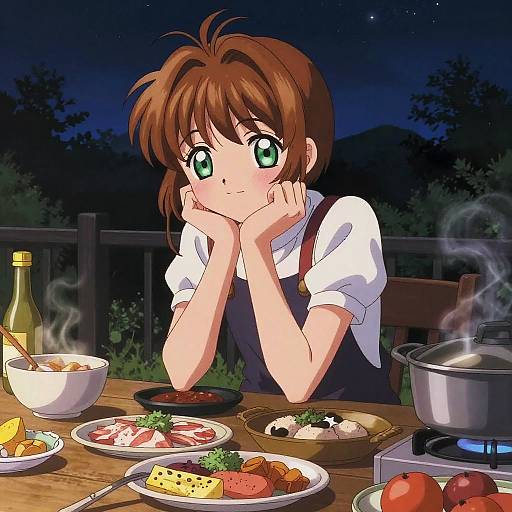 Shy Girl Cooking Under Starry Sky
