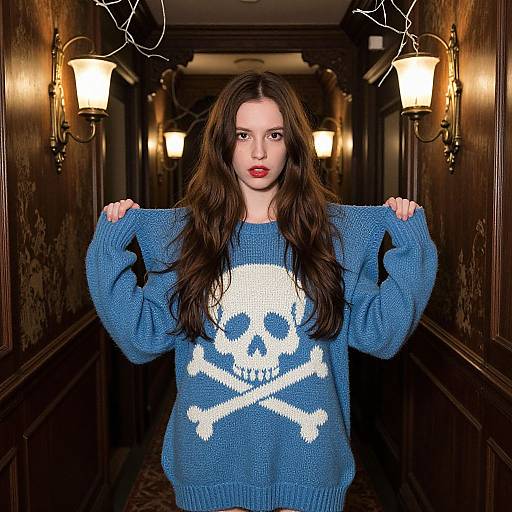 Photograph of a pale-skinned woman with long brown hair, red lipstick, wearing a blue sweater with a white skull and crossbones, standing in