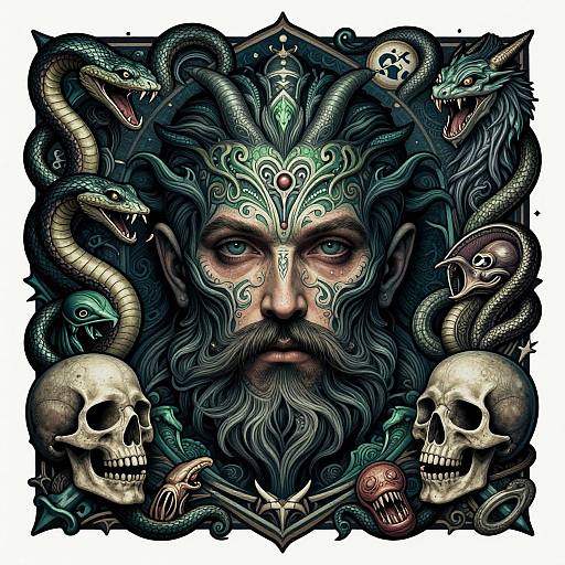Intricate tattoo-style digital art of a bearded face surrounded by snakes, skulls, a crown, and crossbones, with dark, teal,
