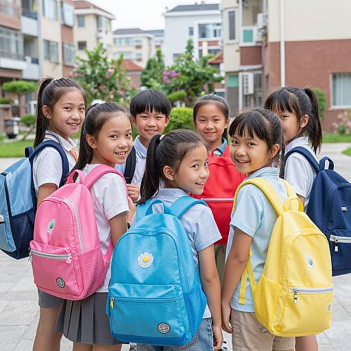 Photograph of seven smiling Asian children standing in a schoolyard, wearing white shirts, gray skirts, and colorful backpacks (pink, blue, yellow
