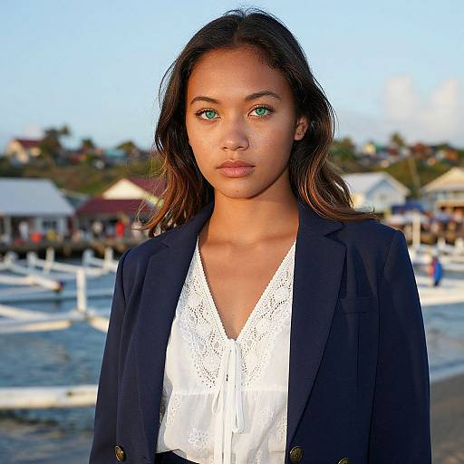 Photograph of a young woman with green eyes, medium brown skin, and shoulder-length dark hair, wearing a navy blazer over a white lace blouse