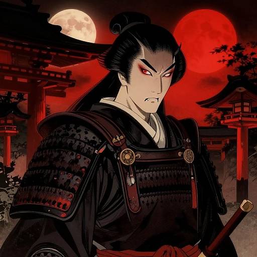Digital anime-style illustration of a fierce samurai with black hair, red eyes, and black armor, standing before a red full moon and traditional Japanese temple