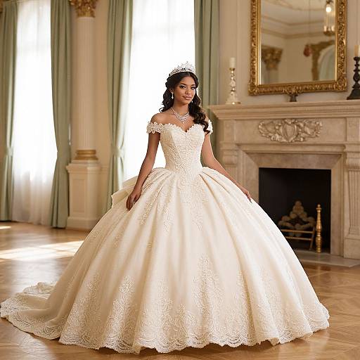 Photograph of an elegant Black bride in a white lace ball gown, standing in a luxurious, sunlit room with ornate fireplace.