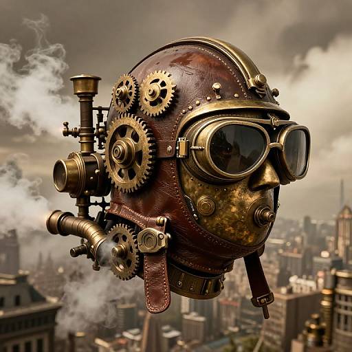 Steampunk airship helmet with brass gears, goggles, leather, and smoke, floating above a cloudy, urban cityscape. Digital art.