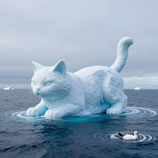 Digital artwork of a giant white cat sculpted from ice, crouching on a dark ocean, with a small duck swimming nearby.
