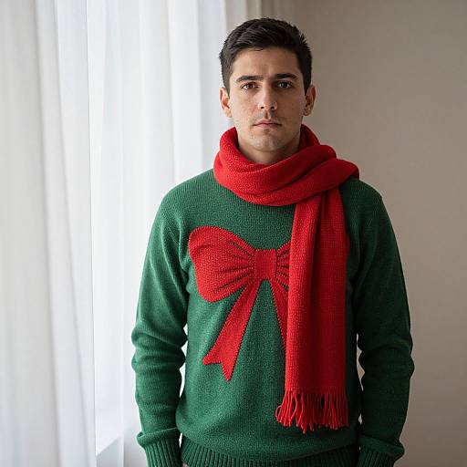 Photograph of a young man with short dark hair, wearing a green knit sweater with a large red bow, and a bright red scarf, standing in
