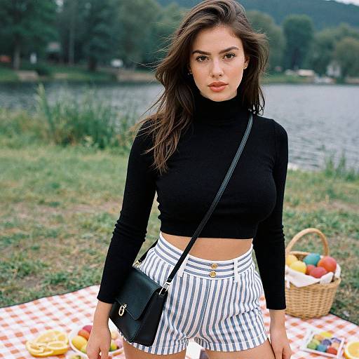Photograph of a young woman with long brown hair, wearing a black turtleneck and white striped high-waist shorts, standing on a check