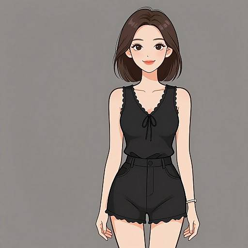 Digital anime-style drawing of a young woman with medium-length brown hair, wearing a black sleeveless top and shorts, against a gray background.