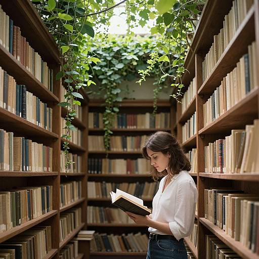 Photograph of a brunette woman in a white blouse and blue jeans, reading a book in a sunlit, leafy library aisle.