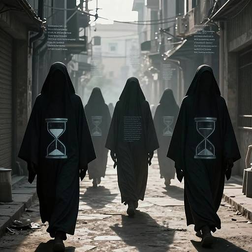 Digital artwork of five hooded figures with hourglass symbols on their backs walking down a foggy, sunlit alleyway. Overhead text in white