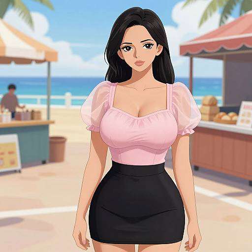 Digital anime-style drawing of a curvy woman with long black hair, wearing a pink blouse and black skirt, standing on a sunny beach with a food