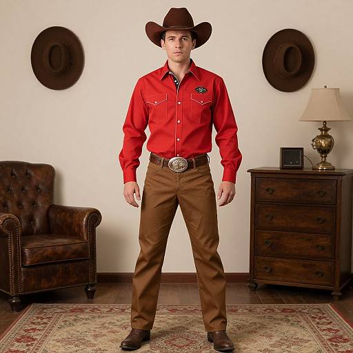 Photograph of a young man in a red shirt, brown pants, and cowboy hat, standing in a Western-themed room with brown leather chair, wooden