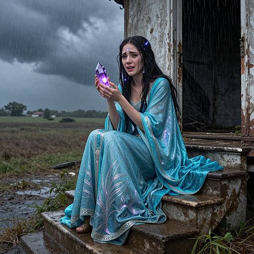 Photograph of a wet, long-haired woman in a shiny blue dress, holding a glowing purple crystal, sitting on damp, weathered steps under a