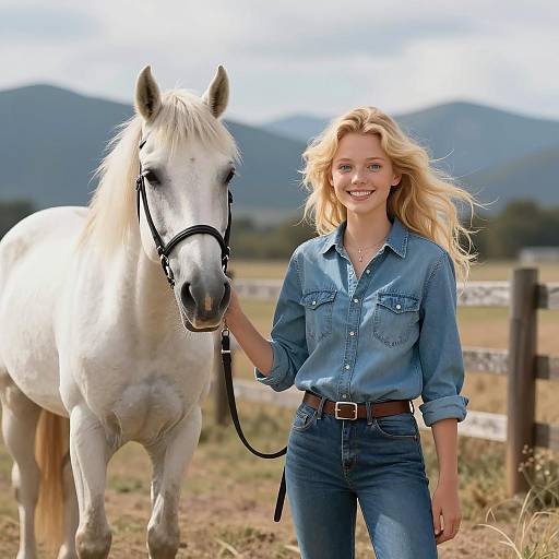 Blonde Girl with Horse in Nature