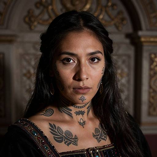 Photograph of a dark-haired woman with olive skin, black tattoos on neck and chest, wearing a sparkly black top, against a detailed, orn