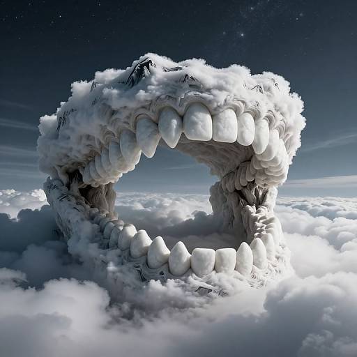 Digital art of a massive, white, cloud-like structure shaped like a mouth with oversized teeth, floating in a starry night sky above fluffy clouds.