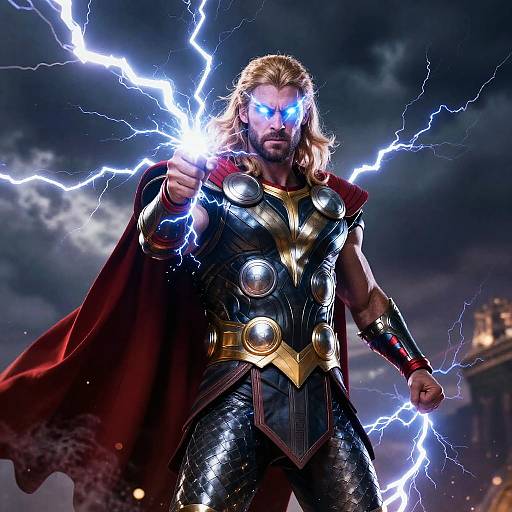 Photorealistic digital art of a muscular man with glowing blue eyes, blonde hair, black and gold armor, red cape, emitting electric bolts. Storm