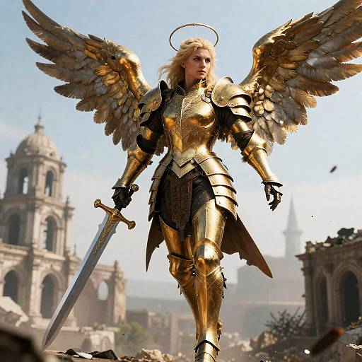 Golden Armored Angel Above Ruins