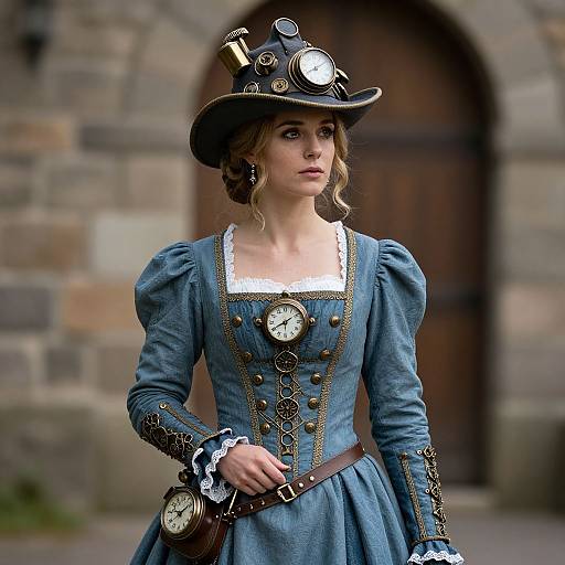 Photograph of a young woman in a steampunk-inspired blue dress with puffed sleeves, clock buttons, and a top hat with gears, standing