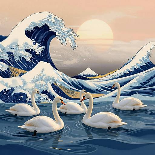 Digital art of six white swans gliding in calm water with Hokusai's iconic Great Wave off Kanagawa waves and sunset backdrop.