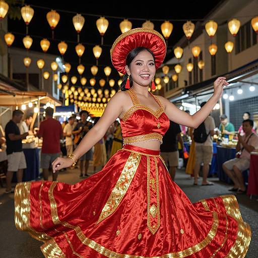Photograph of an Asian woman in a vibrant red and gold belly dance outfit, smiling, dancing in a nighttime market with glowing lanterns.
