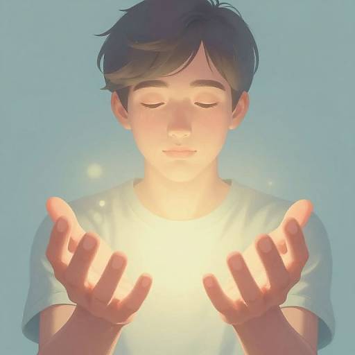 Digital illustration of a young boy with short dark hair, closed eyes, and soft smile, holding glowing hands against a blue background.