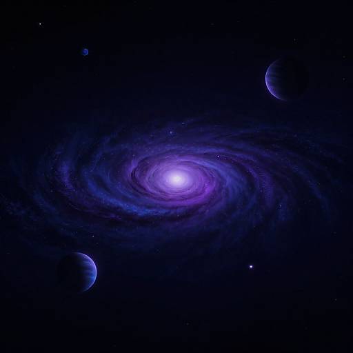 Digital art of a glowing purple spiral galaxy with swirling blue and black clouds, surrounded by three dark, distant planets in a star-filled black space.