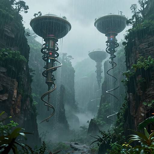 Photograph-style digital artwork of a misty, rain-soaked jungle with three floating, spiral-topped structures hanging between towering, lush green cliffs.
