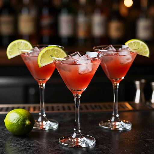 Photograph of three margaritas with ice, lime wedges, and a whole lime on a dark bar countertop, blurred bottles in background.