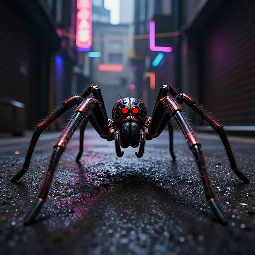 Digital CGI of a glowing red-eyed black spider with neon highlights on a wet, neon-lit urban street at night.