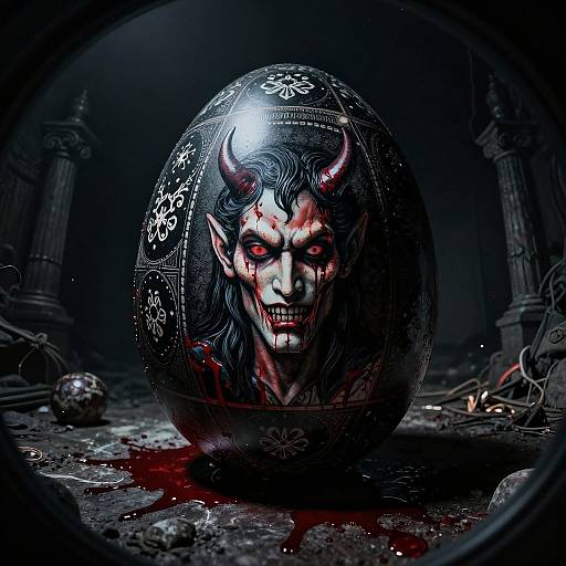 Digital illustration of a blood-stained, horned demonic face on a black orb, surrounded by dark ruins and blood puddles.