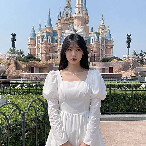 Young Asian woman with long black hair in white dress and bow, standing in front of a Disney castle on a sunny day. Photographic image.